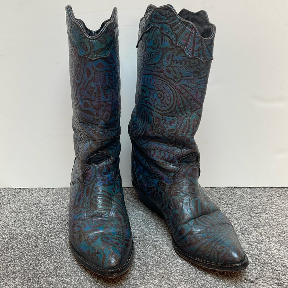 SOLD:  Zodiac Blue Green Magenta Floral Embossed Cowboy Boots Vintage Women's 6 - Picture 2 of 16